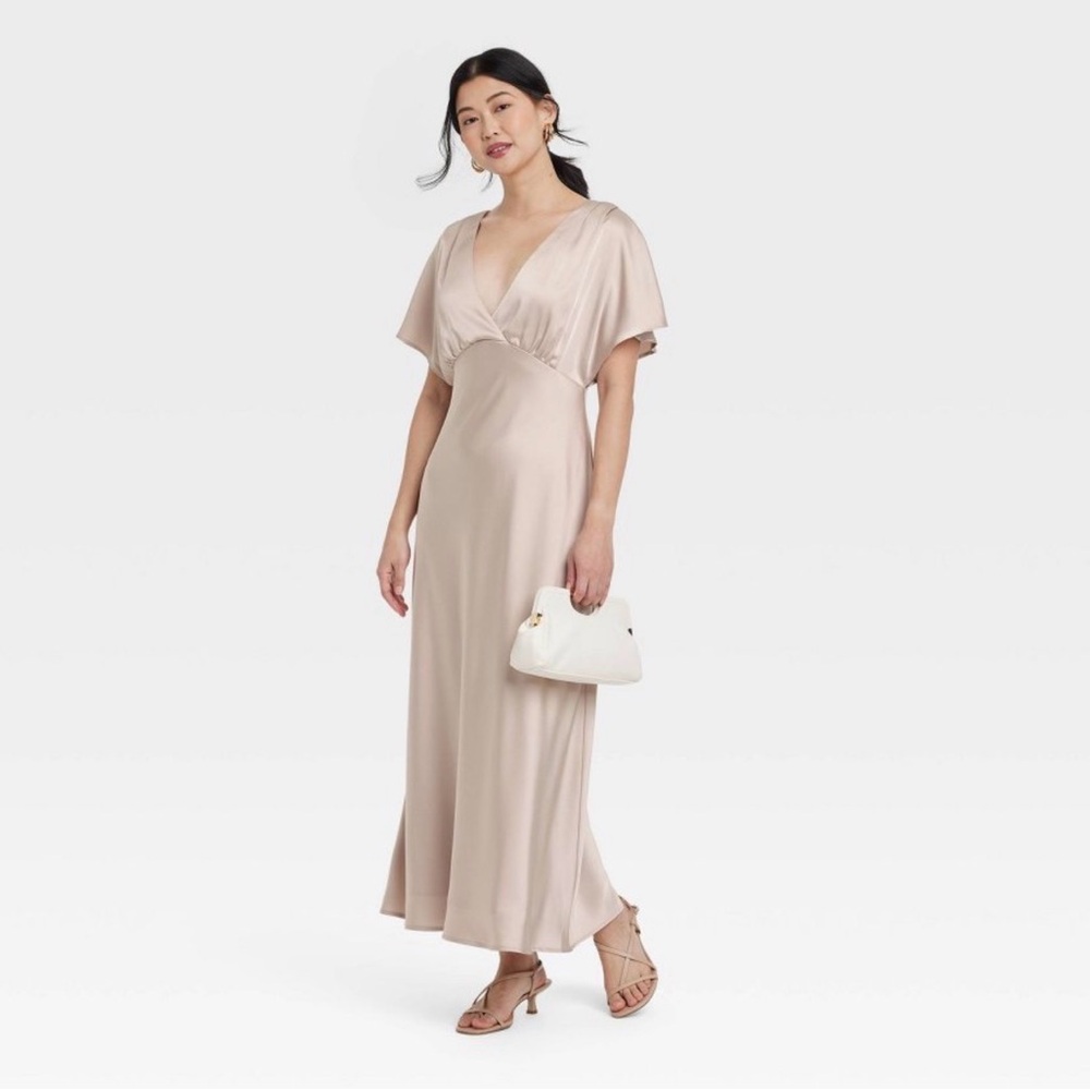 NWT, A New Day, Women's Satin Flutter Short Sleeve Maxi A-Line Dress Tan Gown, S